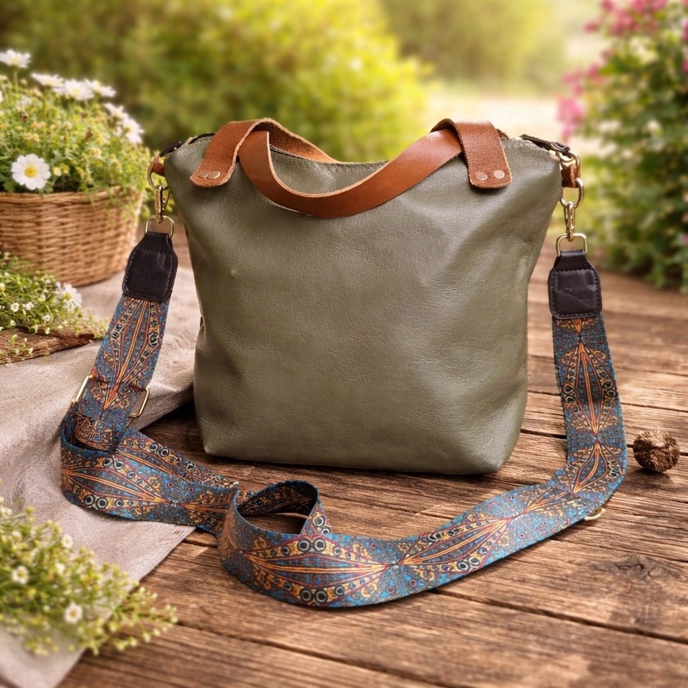 Farmhouse Frocks Olive Green Leather Crossbody Bag Guitar Strap Boho Handbag